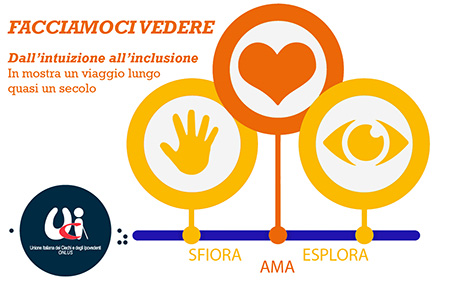 Facciamoci vedere: dall'intuizione all'inclusione. In mostra un viaggio lungo quasi un secolo. Sfiora, ama, esplora. Logo dell'UICI
